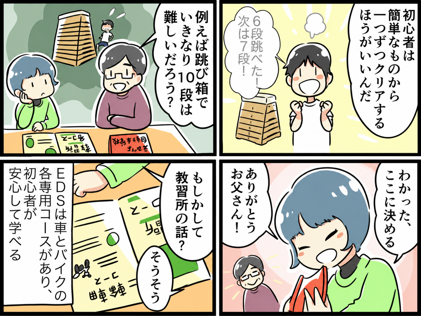二輪車と混走しない四輪専用教習コースを紹介する4コマ漫画